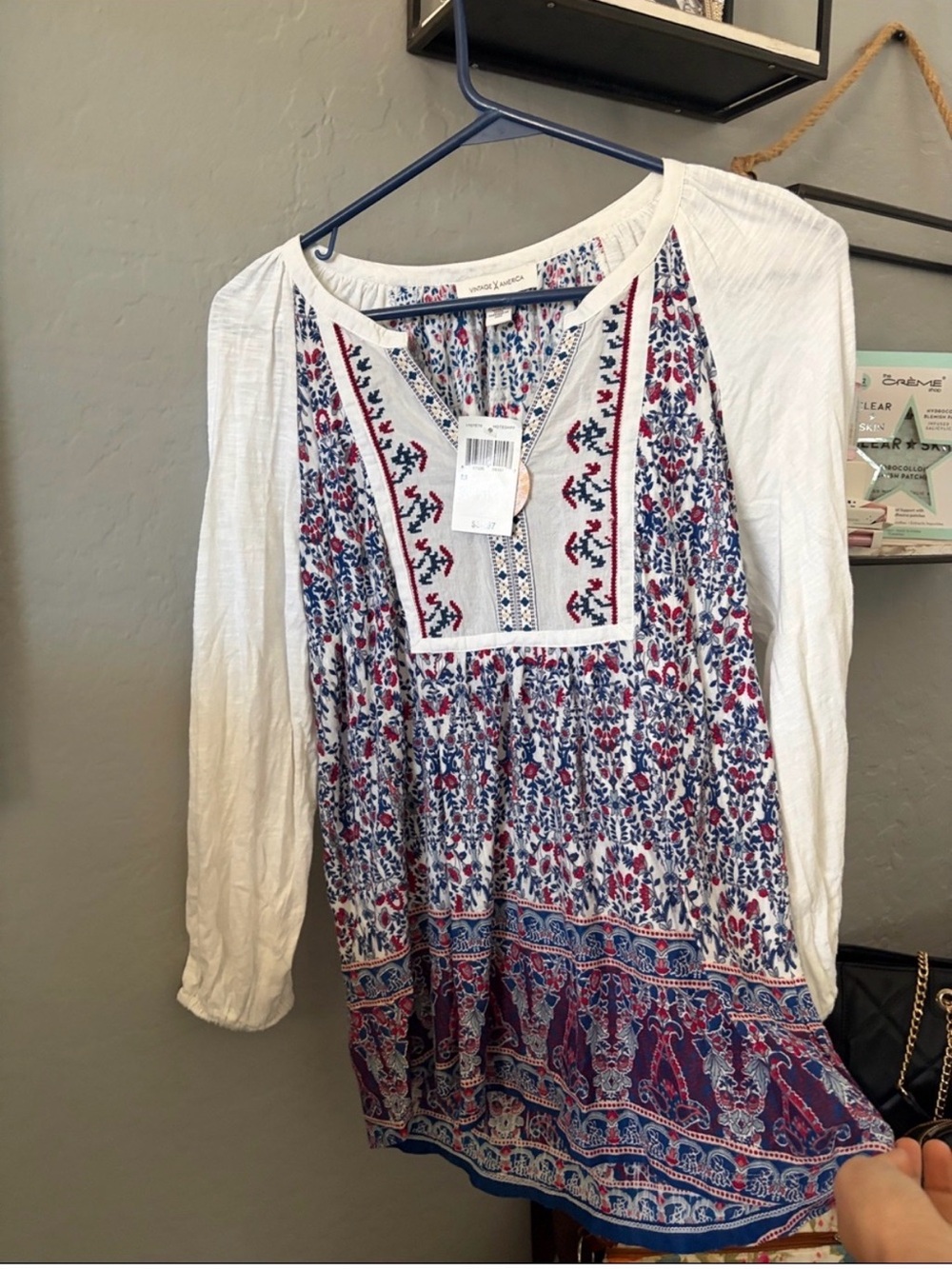 American Vintage White Tunic with Blue & Red Floral Embroidery